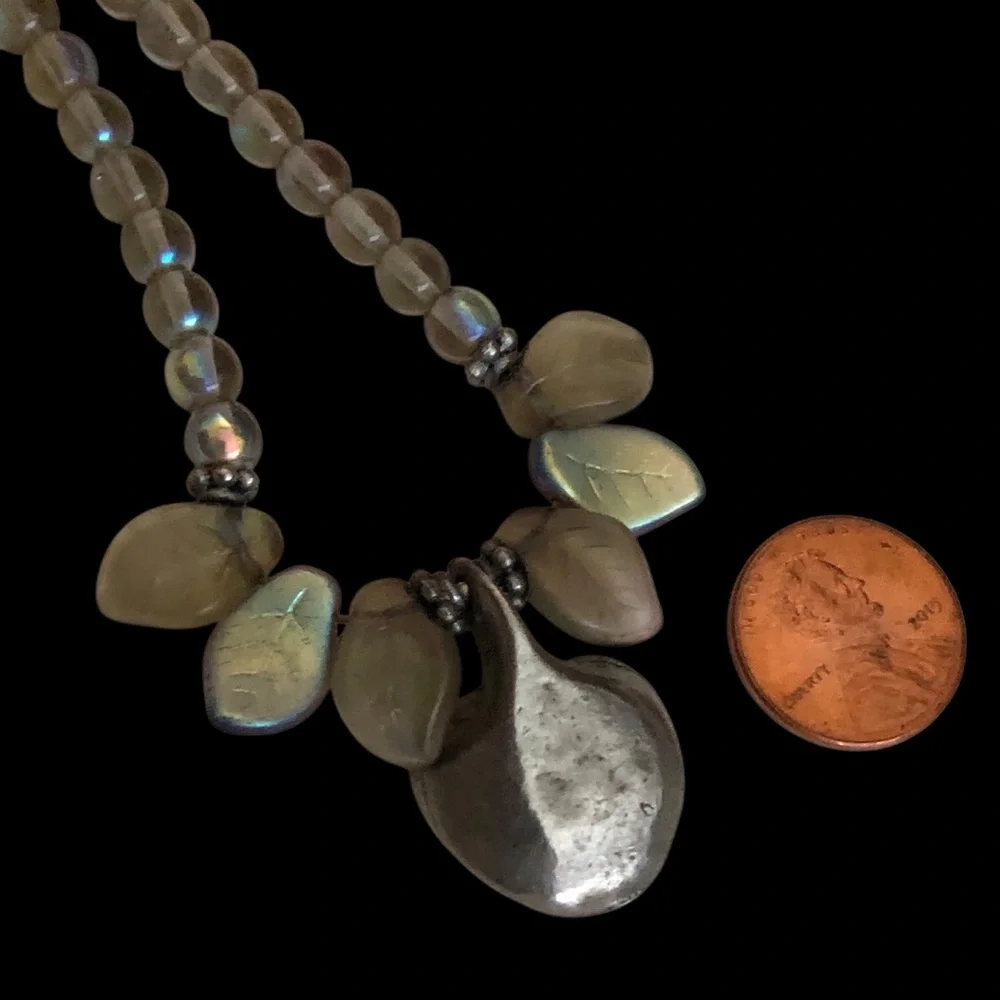 Czech-Style Glass Leaf Pewter Center Fire-Polished Beaded Necklace